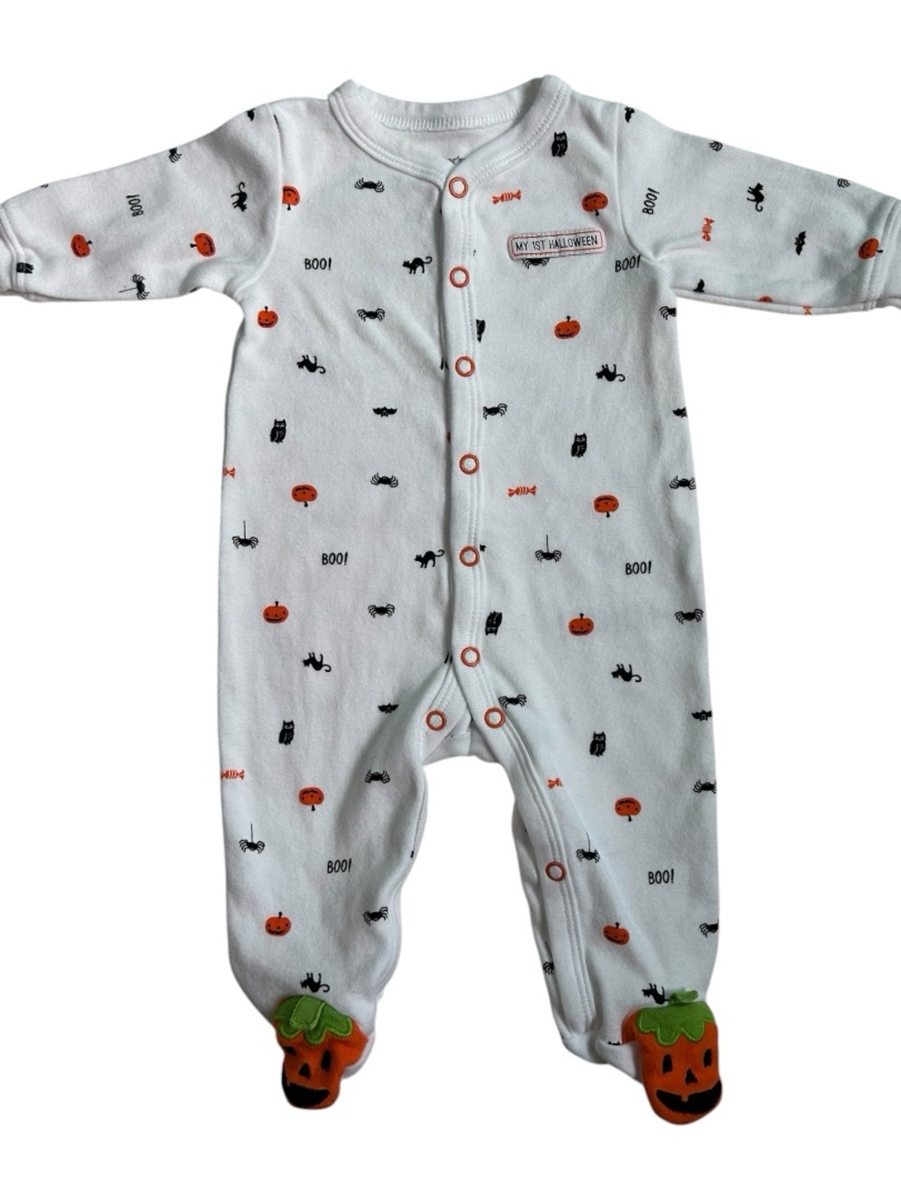 Halloween Print White & Orange Baby Footed One-Piece ‘My 1st Halloween’